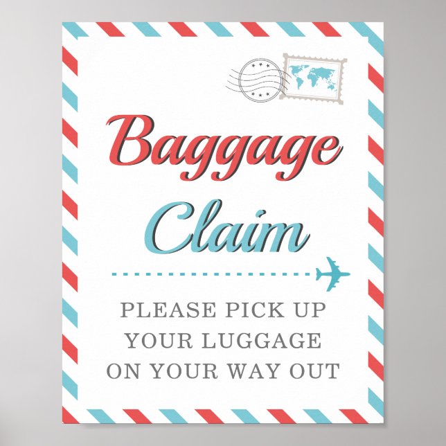 Röd Blå Bagage Claim Resa Flygplan Förmån Bord Poster (Framsidan)