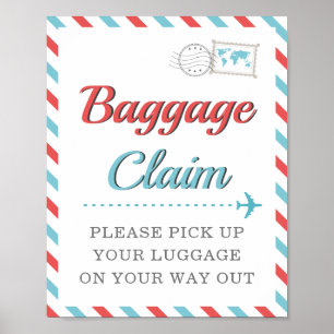 Röd Blå Bagageutlämning Resa Flygplan Förmån Bord Poster