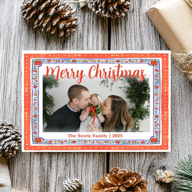 Röd & Blå Blommig Blocktryck, Folkkonst Inspirerad Julkort (Skapare uppladdad)