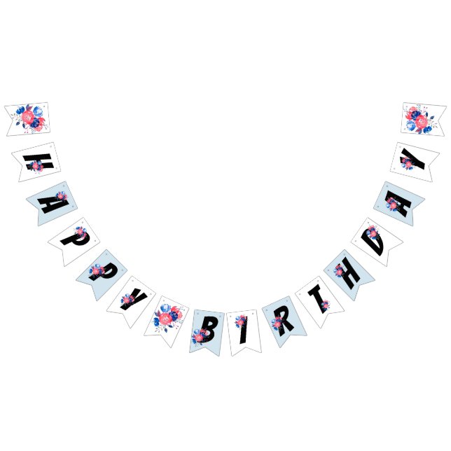 röd, blå blommigt, grattis på födelsedagen, BUNNIN Vimplar (Alla)