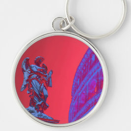 Röd, blå digital konst av Colosseum och statue Rund Silverfärgad Nyckelring