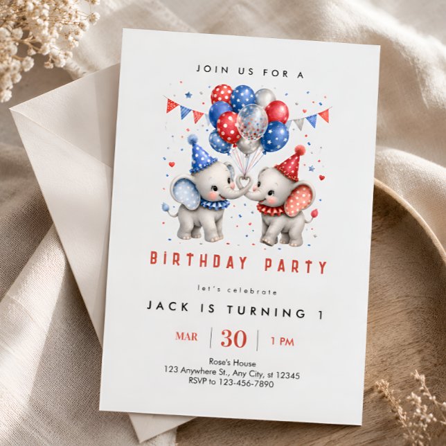 Röd Blå Elefant 1-årsdag Inbjudningar (Skapare uppladdad)