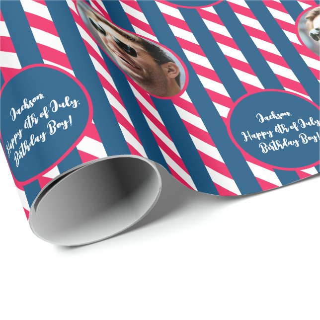 Röd blå fototext Vit 4:e juli-randig Presentpapper (Rullad Hörn)