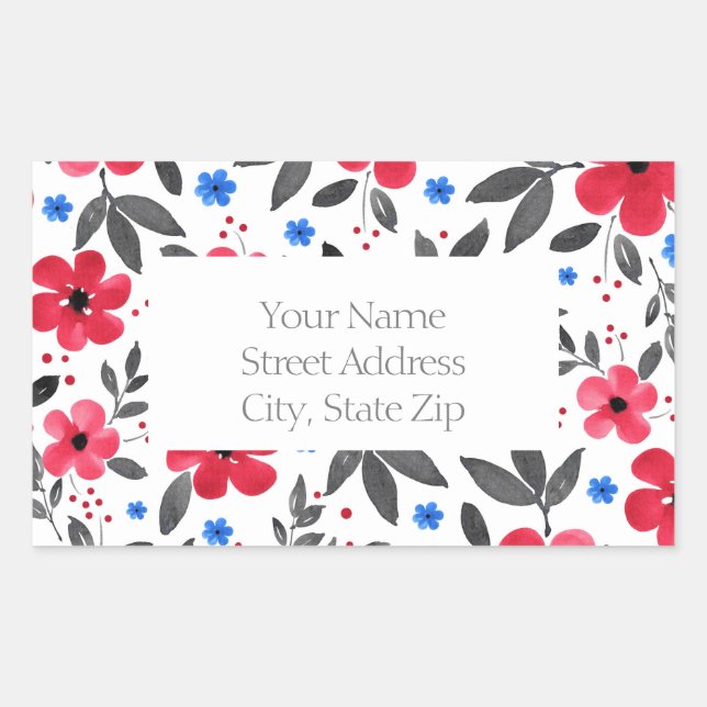 Röd, blå, Grått, vattenfärgsblommor, etiketter (Framsida)