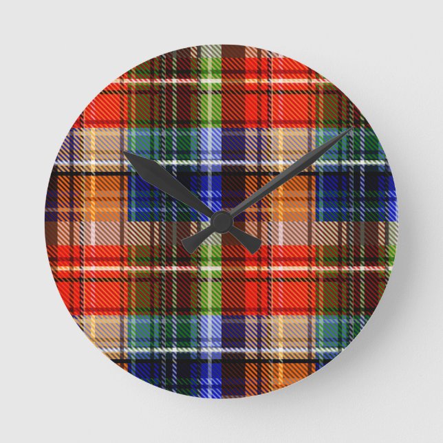 Röd Blå Grön Gul Plaid Tartan Design  Rund Klocka (Framsida)