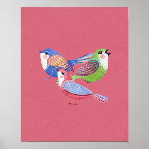 Röd Blå Gröna Fåglar Folk Art Väggkonst