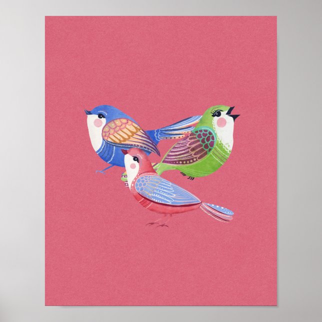 Röd Blå Gröna Fåglar Folk Art Väggkonst (Framsidan)