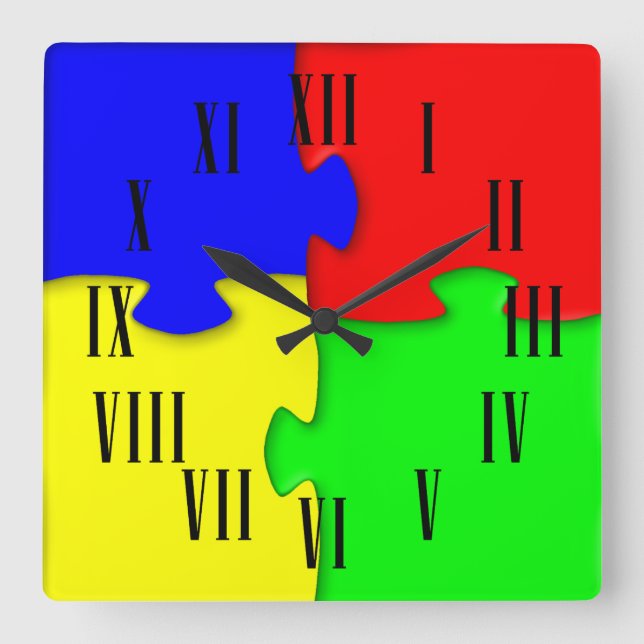 Röd blå Grönt Gult Jigszons Delara romerska siffro Fyrkantig Klocka (Framsida)