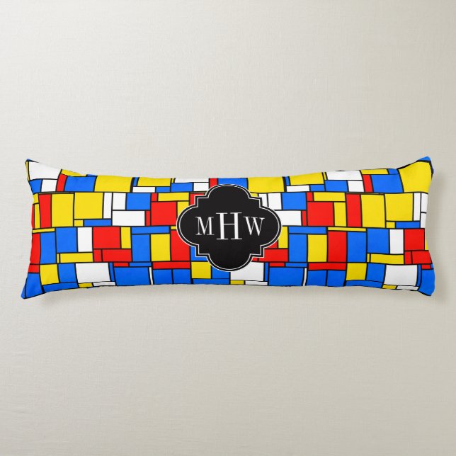 Röd Blå Gul Mondrian Svart Quatrefoil 3 Monogram Kroppskudde (Framsidan)