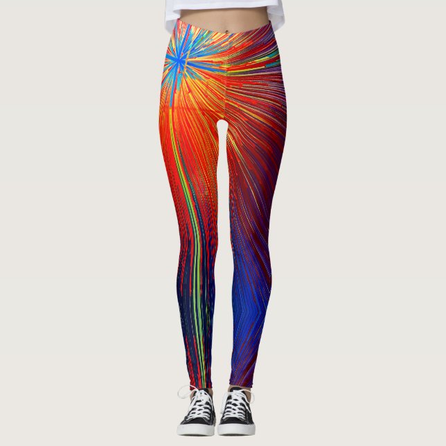 Röd blå gult abstrakt linjer färgat trendig leggings (Framsida)