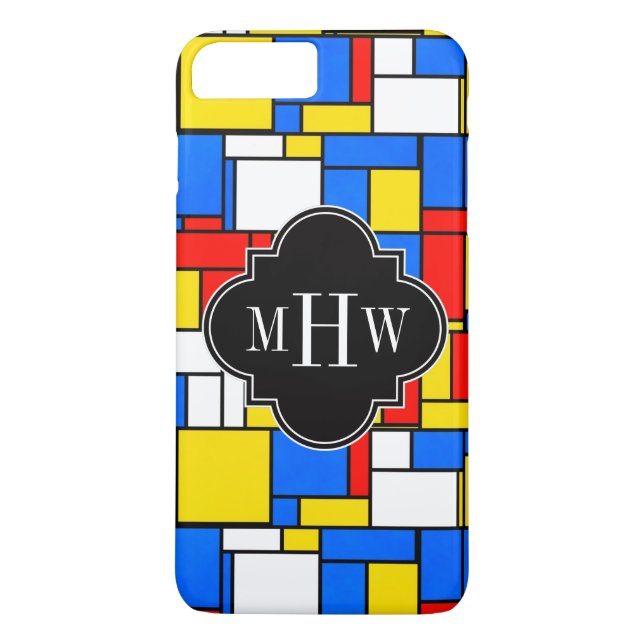 Röd blå Gult Mondrian Blk Quatrefoil 3 Monogram Case-Mate iPhone Skal (Baksida)