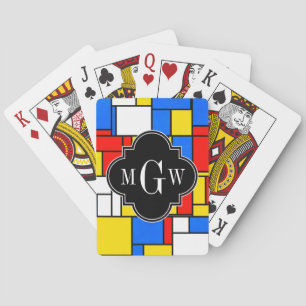 Röd blå Gult Mondrian Blk Quatrefoil 3 Monogram Casinokort