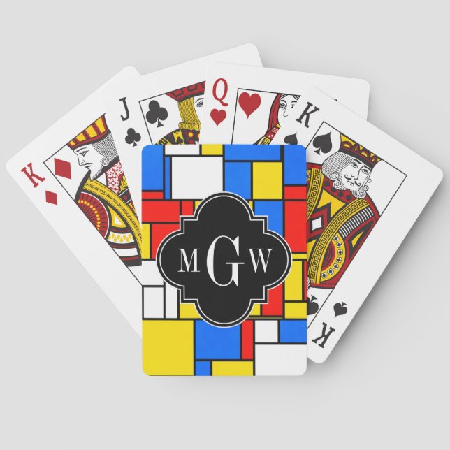 Röd blå Gult Mondrian Blk Quatrefoil 3 Monogram Casinokort (Baksidan)