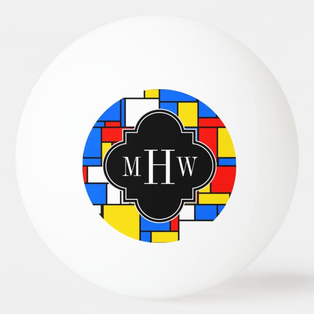 Röd blå Gult Mondrian Blk Quatrefoil 3 Monogram Pingisboll (Framsidan)