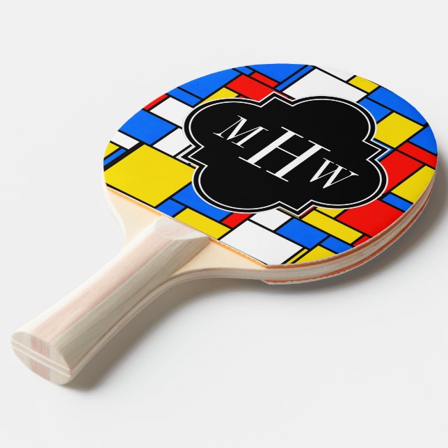 Röd blå Gult Mondrian Blk Quatrefoil 3 Monogram Pingisracket (Frontvinkel)
