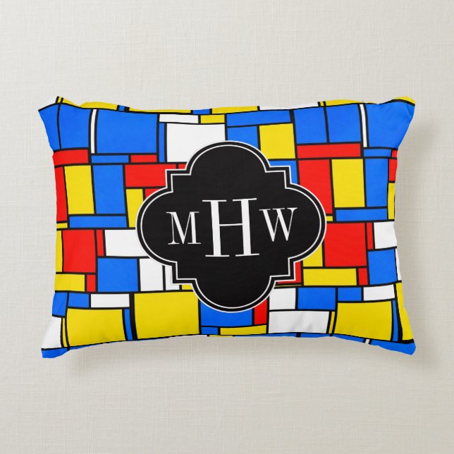Röd blå Gult Mondrian Blk Quatrefoil 3 Monogram Prydnadskudde (Framsidan)