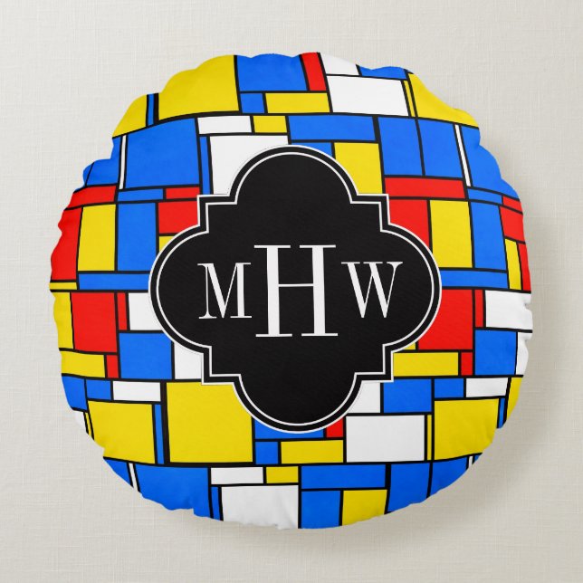 Röd blå Gult Mondrian Blk Quatrefoil 3 Monogram Rund Kudde (Framsidan)