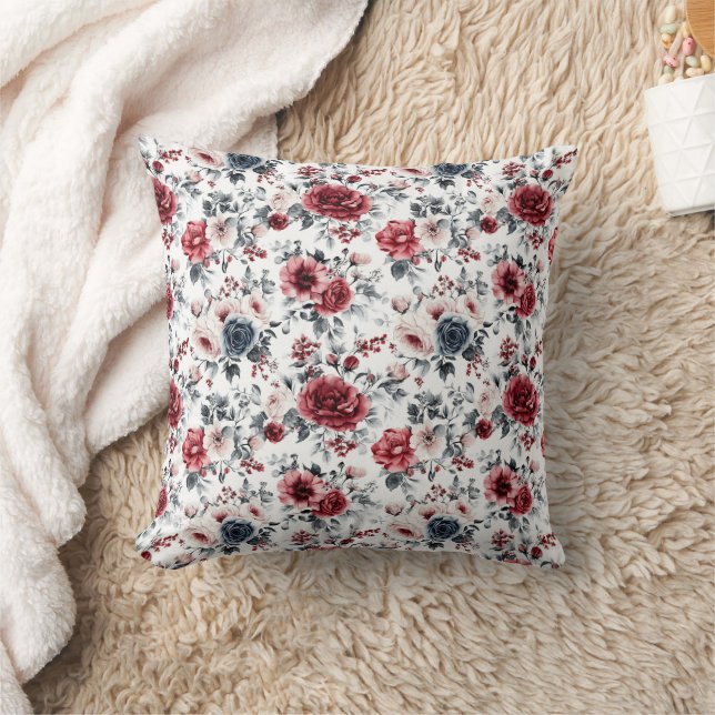 Röd Blå Kräm Vintage Blommor Akvarell  Kudde (Filt)