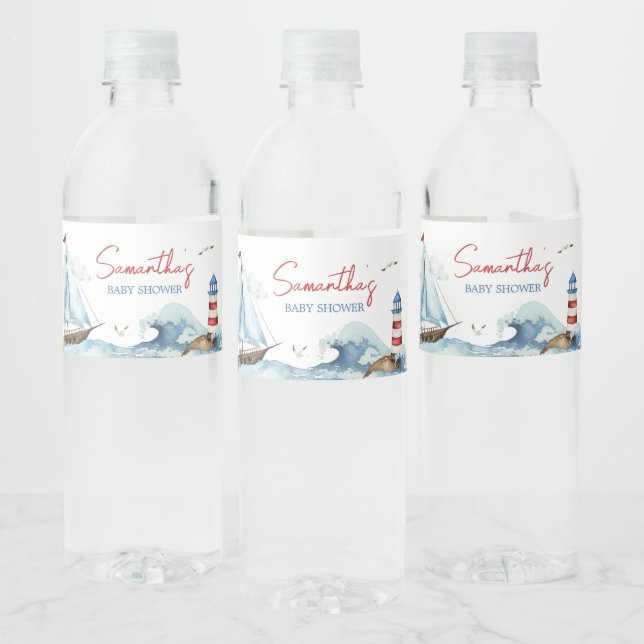 Röd Blå Marin Baby Shower  Vattenflaskor Etikett (Flaskor)