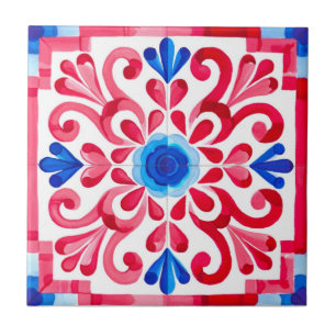 Röd & Blå Mexikansk Traditionell Blommig Talavera Kakelplatta