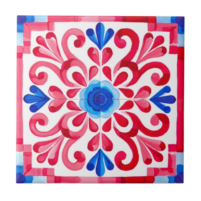 Röd & Blå Mexikansk Traditionell Blommig Talavera Kakelplatta (Framsidan)