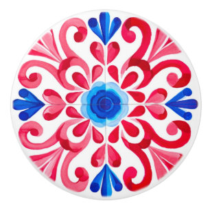 Röd & Blå Mexikansk Traditionell Blommig Talavera Knopp