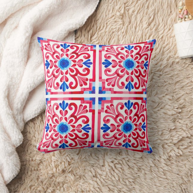 Röd & Blå Mexikansk Traditionell Blomster Talavera Kudde (Filt)