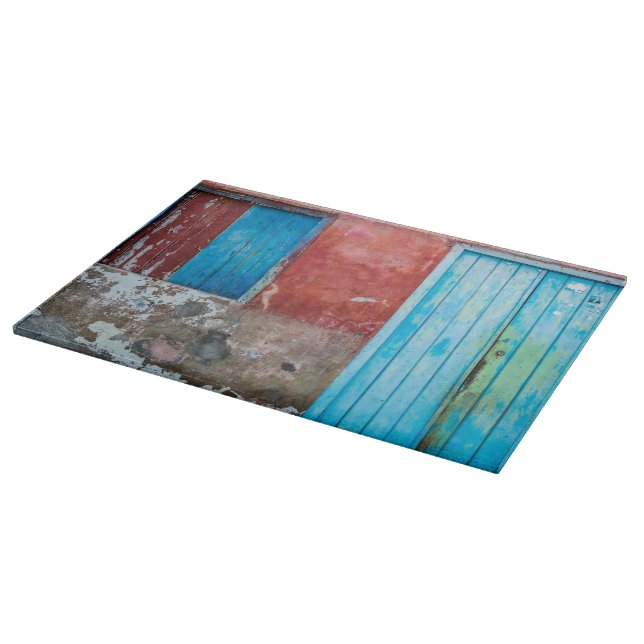 Röd, blå och grått vägg, dörr och fönster (Hörn)