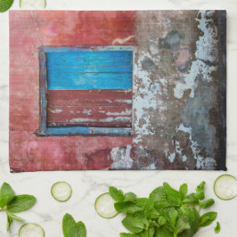 Röd, blå och grått vägg, dörr och fönster kökshandduk