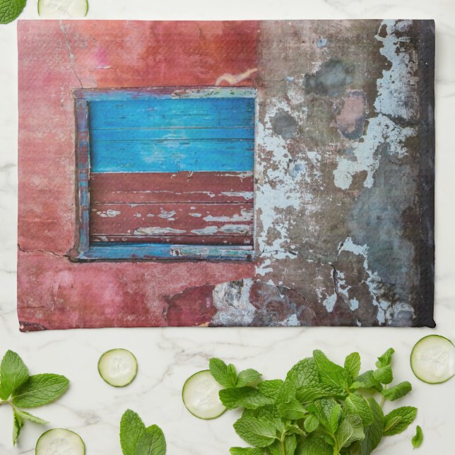 Röd, blå och grått vägg, dörr och fönster kökshandduk (Vikta)