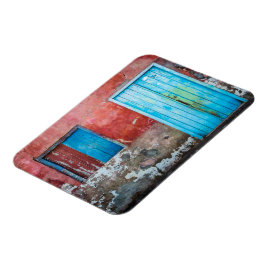 Röd, blå och grått vägg, dörr och fönster magnet