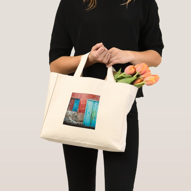 Röd, blå och grått vägg, dörr och fönster mini tygkasse (Framsida (produkt))