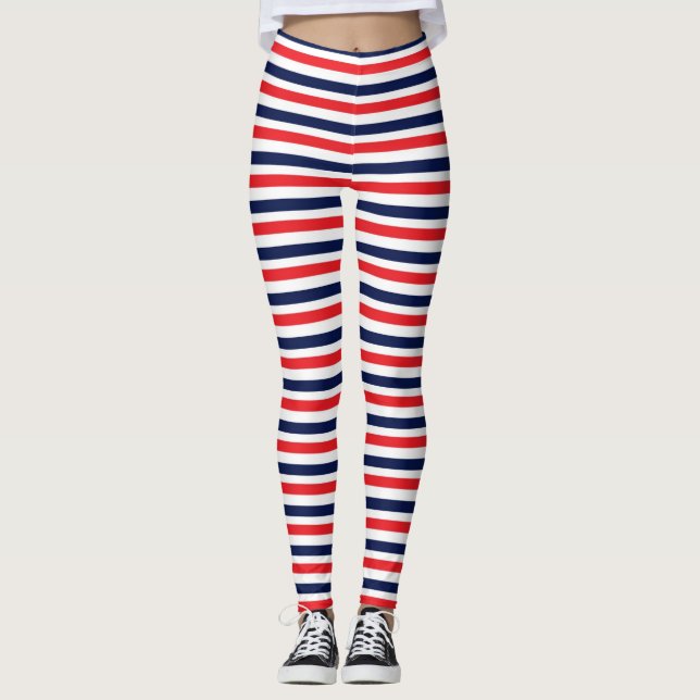 Röd, blå och vit rand mönster leggings (Framsida)
