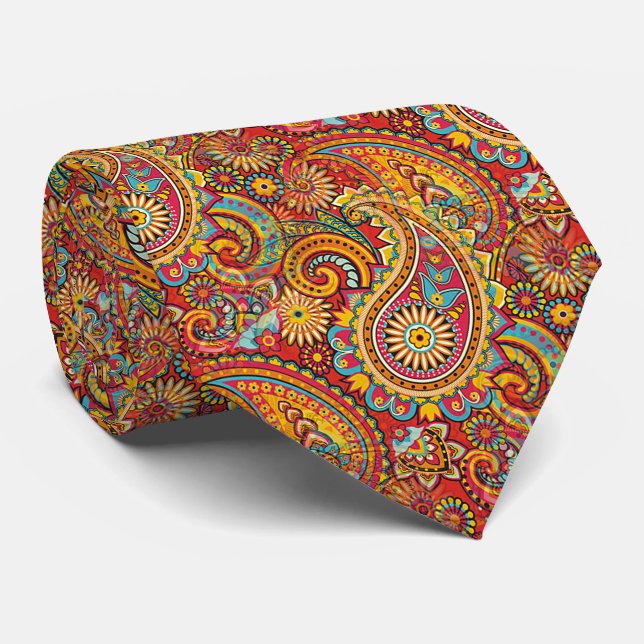 Röd Blå Orange Gul Guld Paisley Blommönster Slips (Rullad)