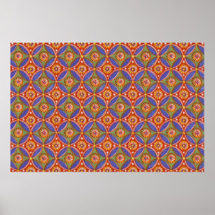 Röd Blå Rustik Färgrik Cirkel Egypten Konst Mönste Poster