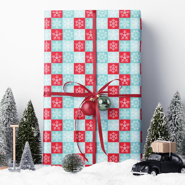 Röd Blå Rutig Snöflinga Jul  Presentpapper (Skapare uppladdad)