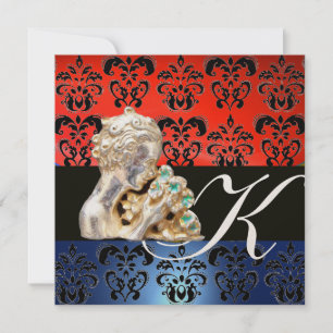 RÖD BLÅ, SVART, VIT DAMAST JUWEL MONOGRAM INBJUDNINGAR