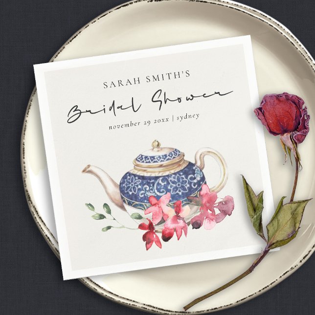 Röd Blå Tekanna Blommig Bröllopsdusch Te Party Pappersservett (Skapare uppladdad)