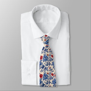Röd Blå Toile Chinoiserie Akvarell Blommig Brudgum Slips