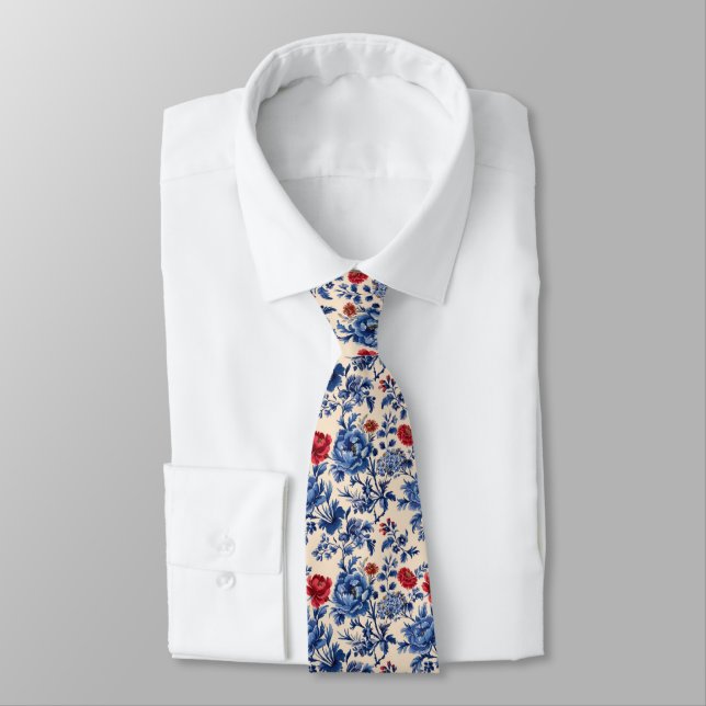 Röd Blå Toile Chinoiserie Akvarell Blommig Brudgum Slips (Bunden)