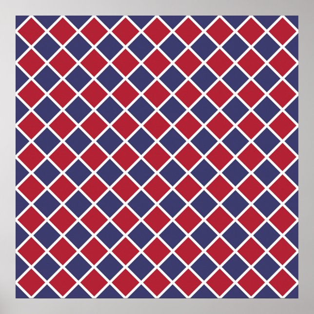 Röd Blå Vit Harlekin Diamant Rutigt Mönster Poster (Framsidan)