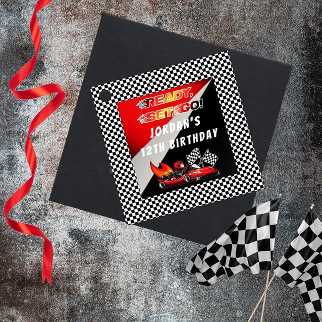 Röd | Black Go Kart Tävla Birthday Gåvor Etiketter (Red and Black Go Kart Racing Kid's Birthday "Ready, Set, Go!" Favor Tags)