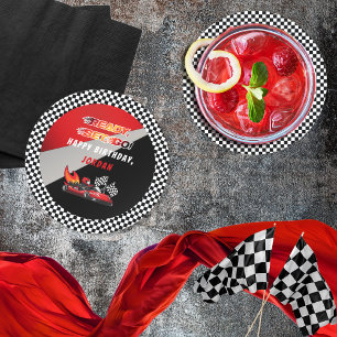 Röd   Black Go Kart Tävla Birthday Underlägg Papper Rund