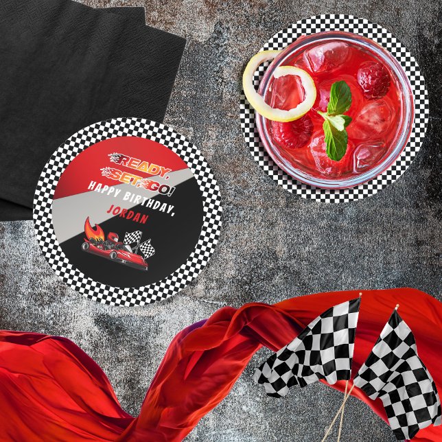 Röd | Black Go Kart Tävla Birthday Underlägg Papper Rund (Red and Black Go Kart Racing Kid's "Ready, Set, Go!" Birthday Party Coasters)
