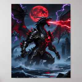 Röd Blodmåne Pansar Svart Drakfantasi Poster