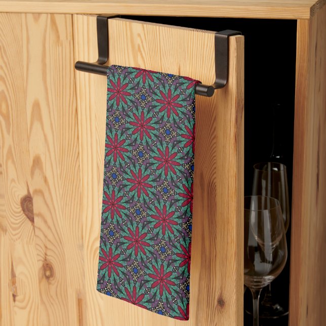 Röd blom med grönt och blått kökshandduk (Thirds Fold)