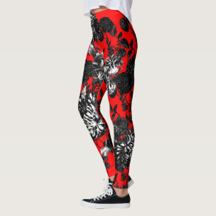 Röd blom- Toile för svart vit blomsterträdgård Leggings