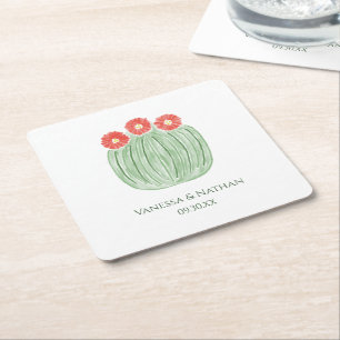 Röd Blomfatskaktus Bröllops Cocktailtimme Underlägg Papper Kvadrat