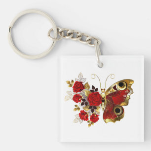 Röd blomfjäril med röd ros