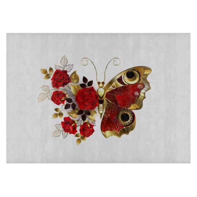Röd blomfjäril med röd ros (Framsidan)
